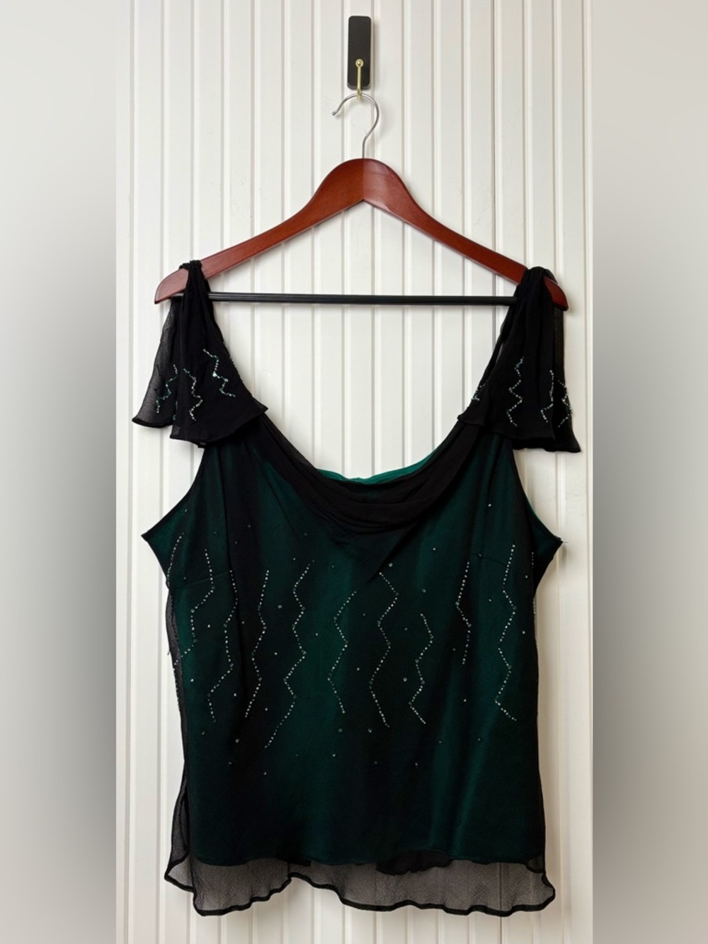 VTG Y2K Sequin Beaded Silk Top Ruffle Sleeve 2X Whimsigoth Fairy Formal Event